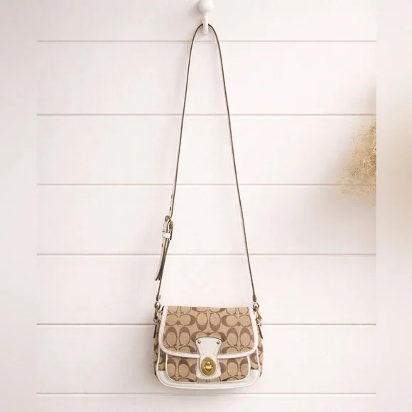 Coach Signature Turnlock Flap Crossbody Bag Khaki Brown White Trim Y2K 2007 - Picture 3 of 12